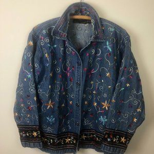 Embroidered Boho Hippie Lightweight Denim Shirt Jacket Vintage 80s - 90s